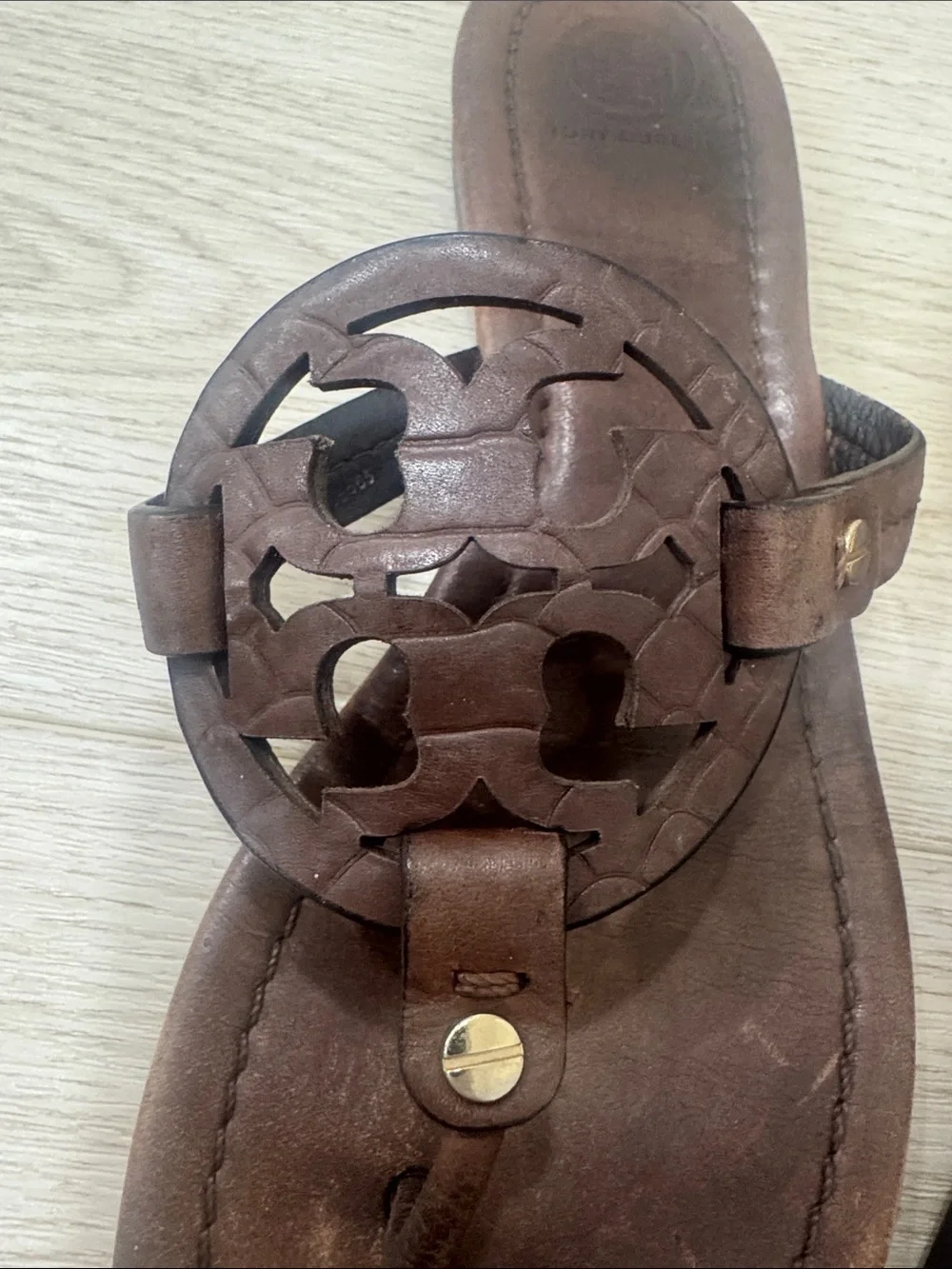 Tory Burch Brown Leather Logo Thong Sandals